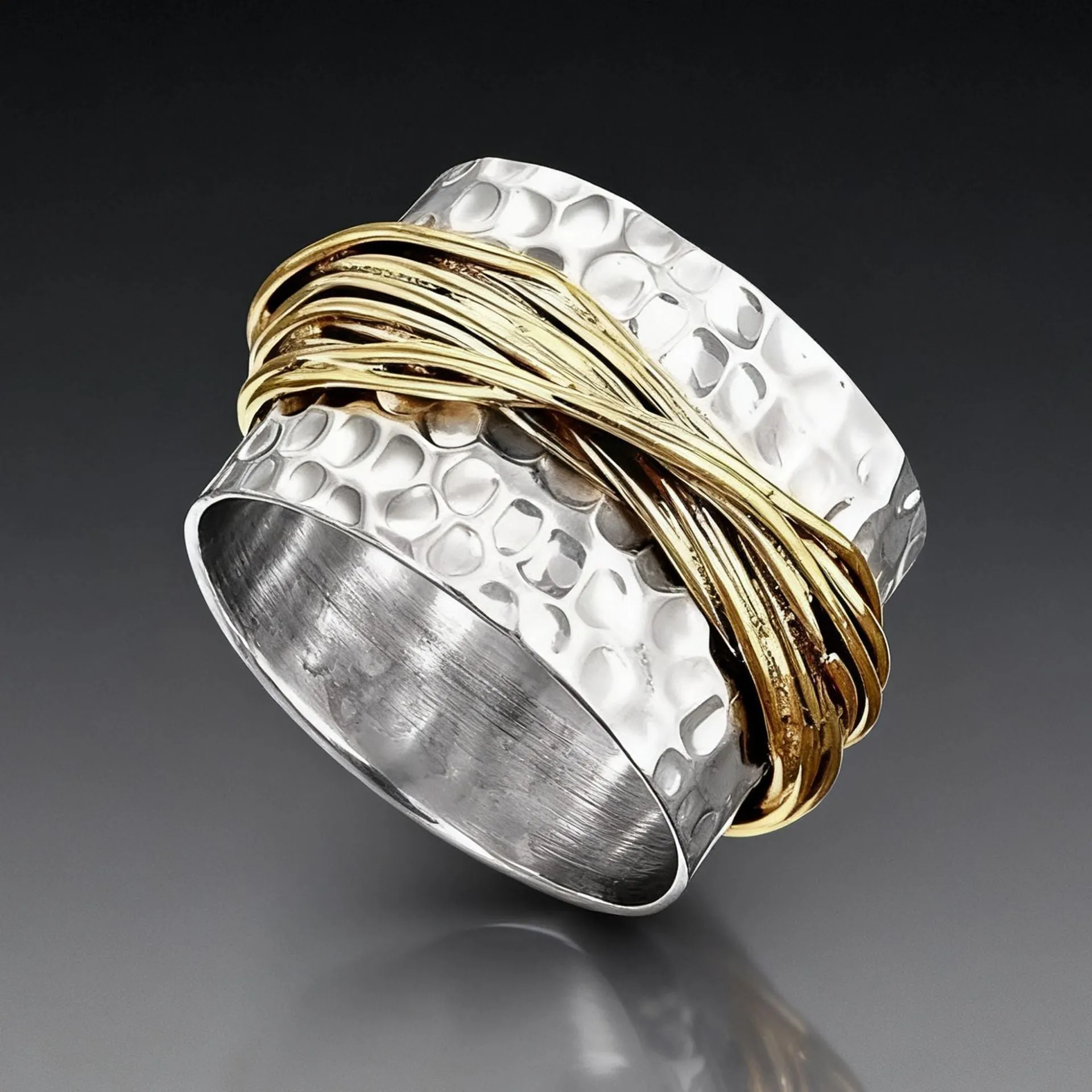Alloy two-tone ring with hammered metal coil design, electroplated finish, on white background