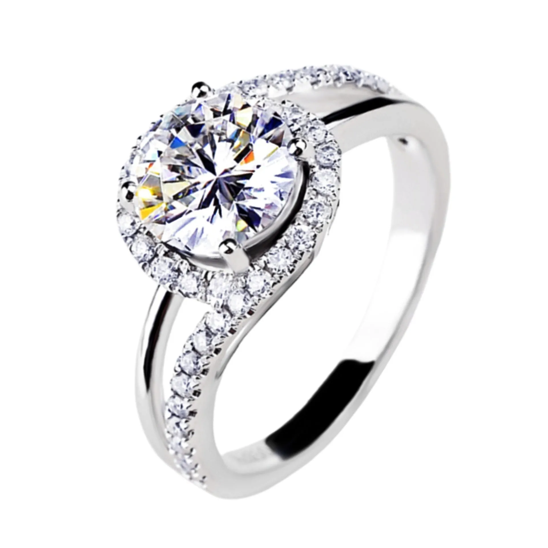 Diamond twist ring with small stones in white gold colour on copper base, adjustable opening