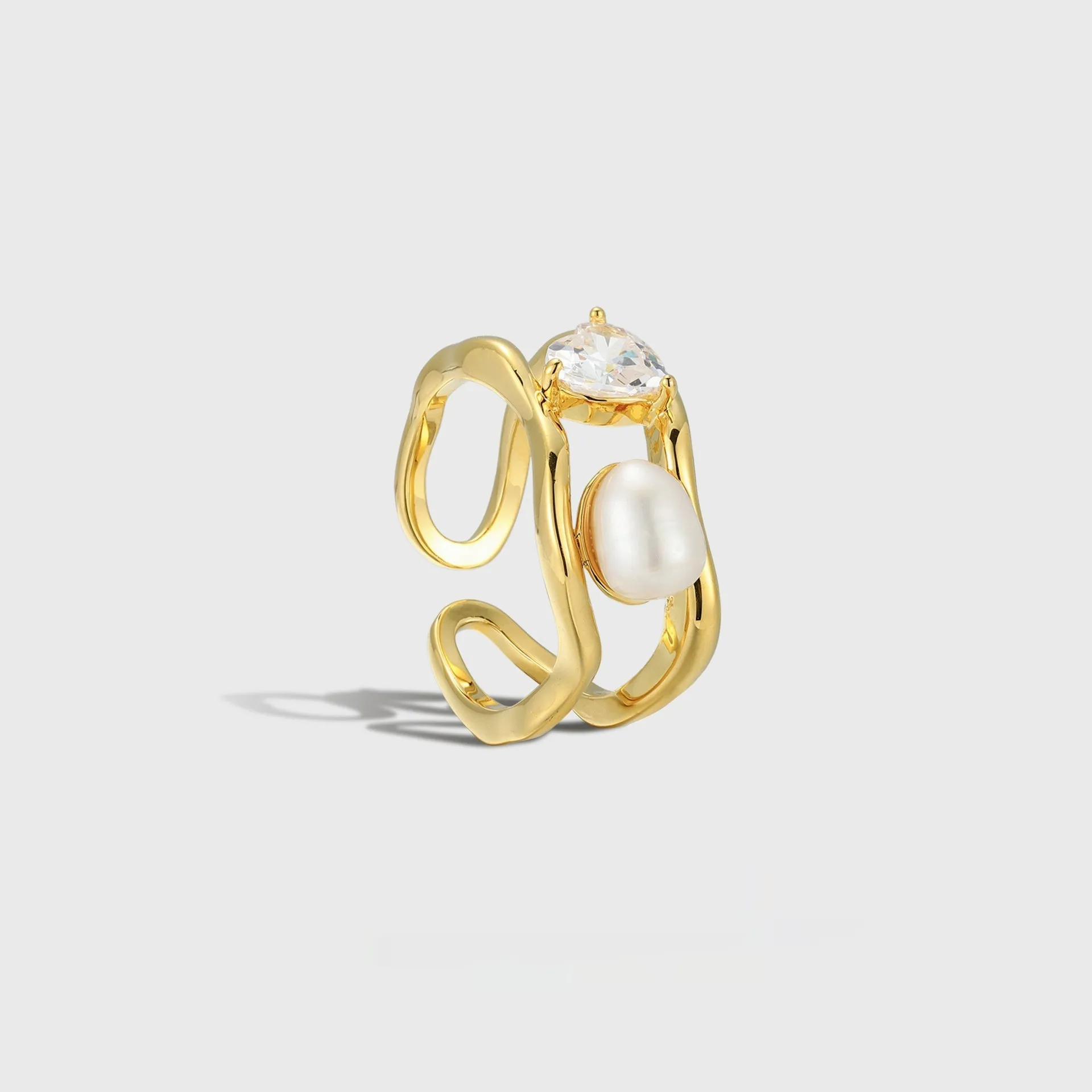 Natural pearl ring with adjustable open mouth design in 14k real gold colour finish on copper base