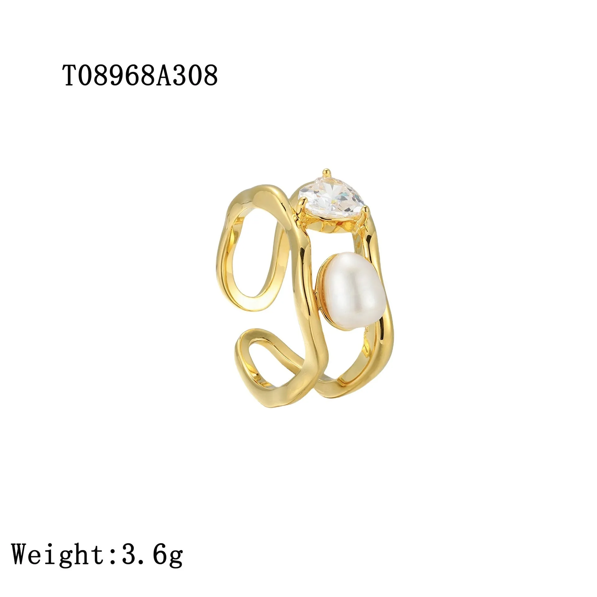 Natural pearl ring with adjustable open mouth design in 14k real gold colour finish on copper base