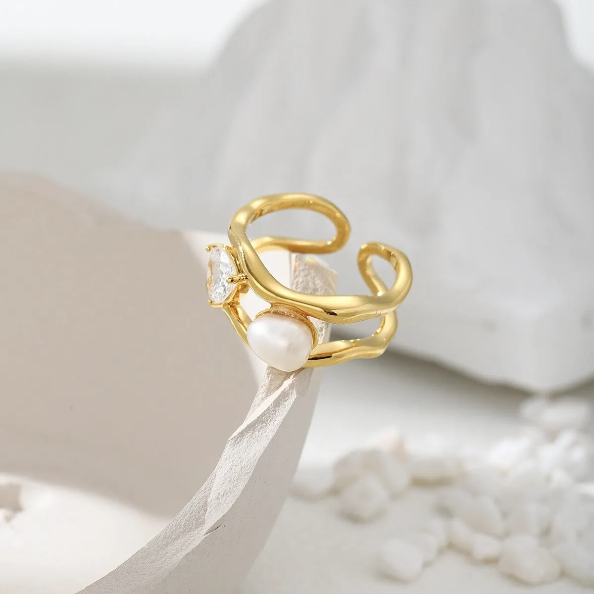 Natural pearl ring with adjustable open mouth design in 14k real gold colour finish on copper base
