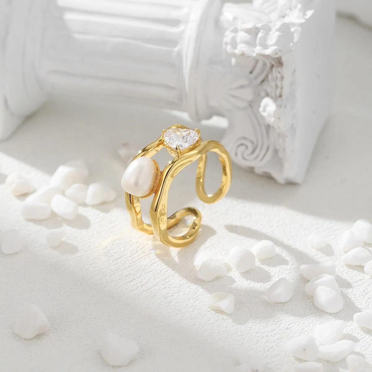 Natural pearl ring with adjustable open mouth design in 14k real gold colour finish on copper base