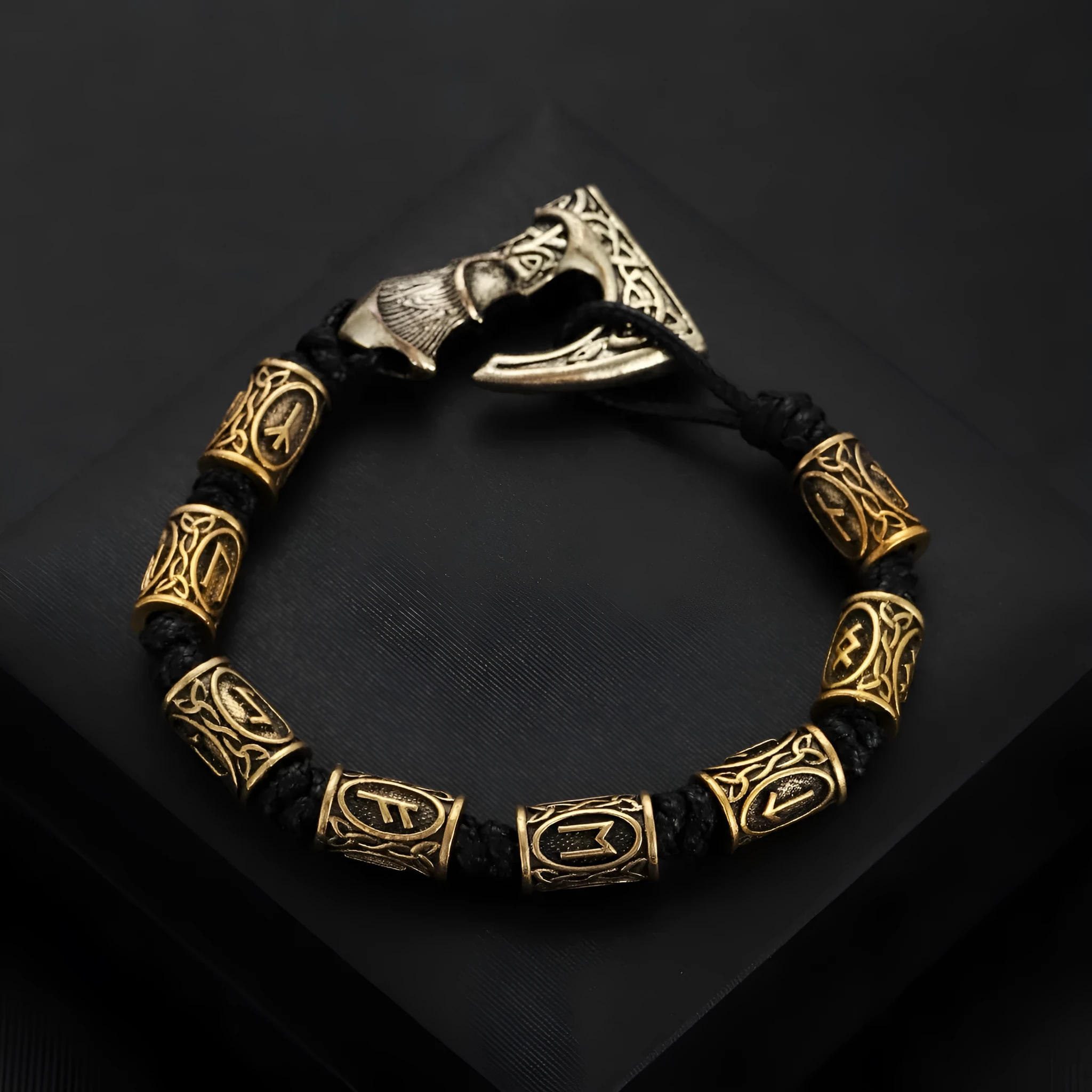 Handmade alloy rune lettering spacer beads woven bracelet on surface, three colour options available