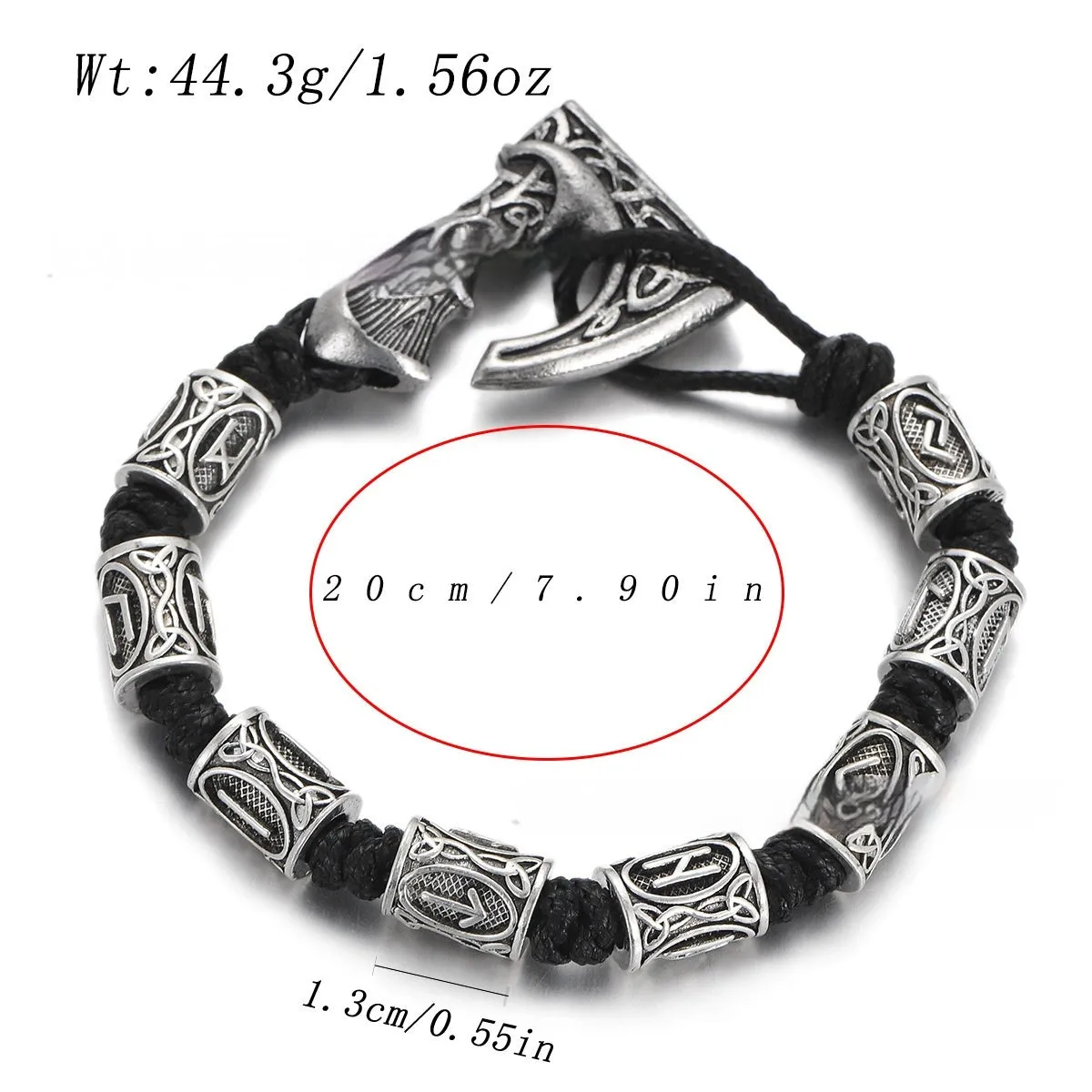 Handmade alloy rune lettering spacer beads woven bracelet on surface, three colour options available