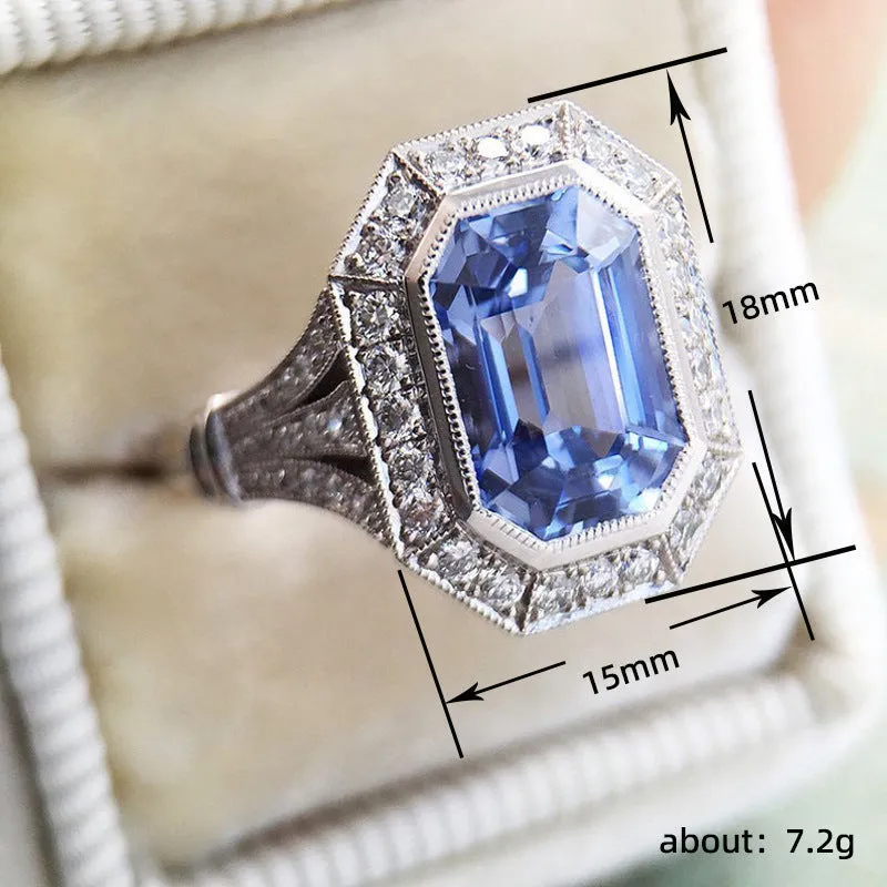 Fashion long hexagonal blue metal women's ring made of copper with electroplated finish, front view