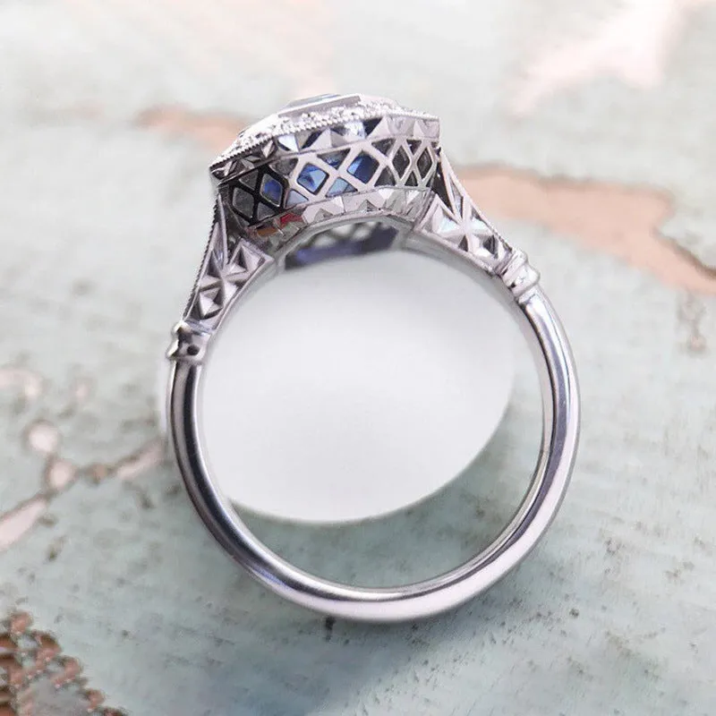 Fashion long hexagonal blue metal women's ring made of copper with electroplated finish, front view