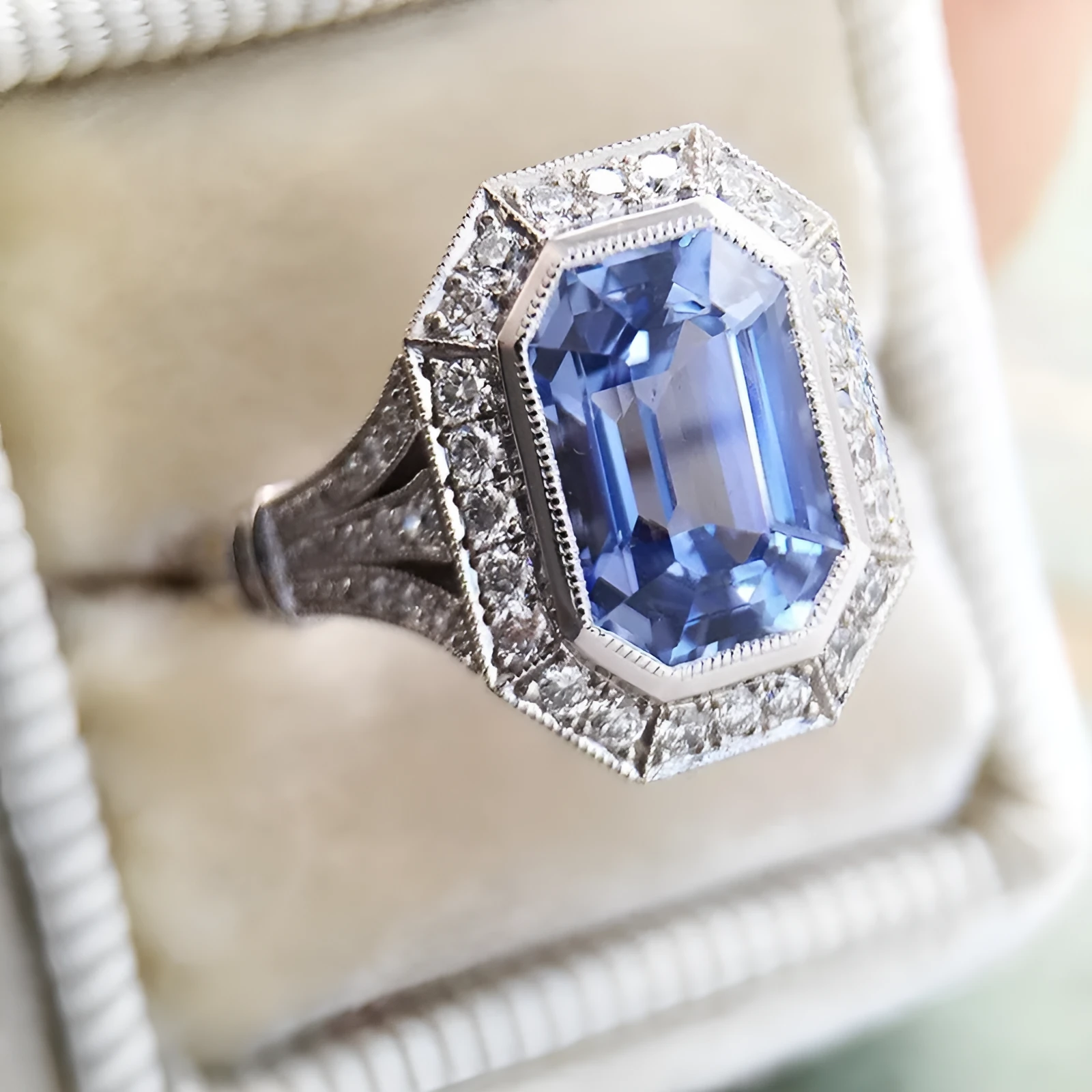 Fashion long hexagonal blue metal women's ring made of copper with electroplated finish, front view