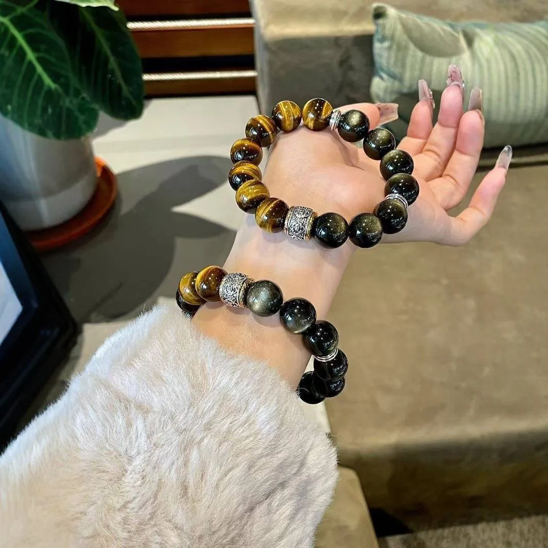 Women's tigereye silver stone double bracelet with gold inlay and U-shaped design