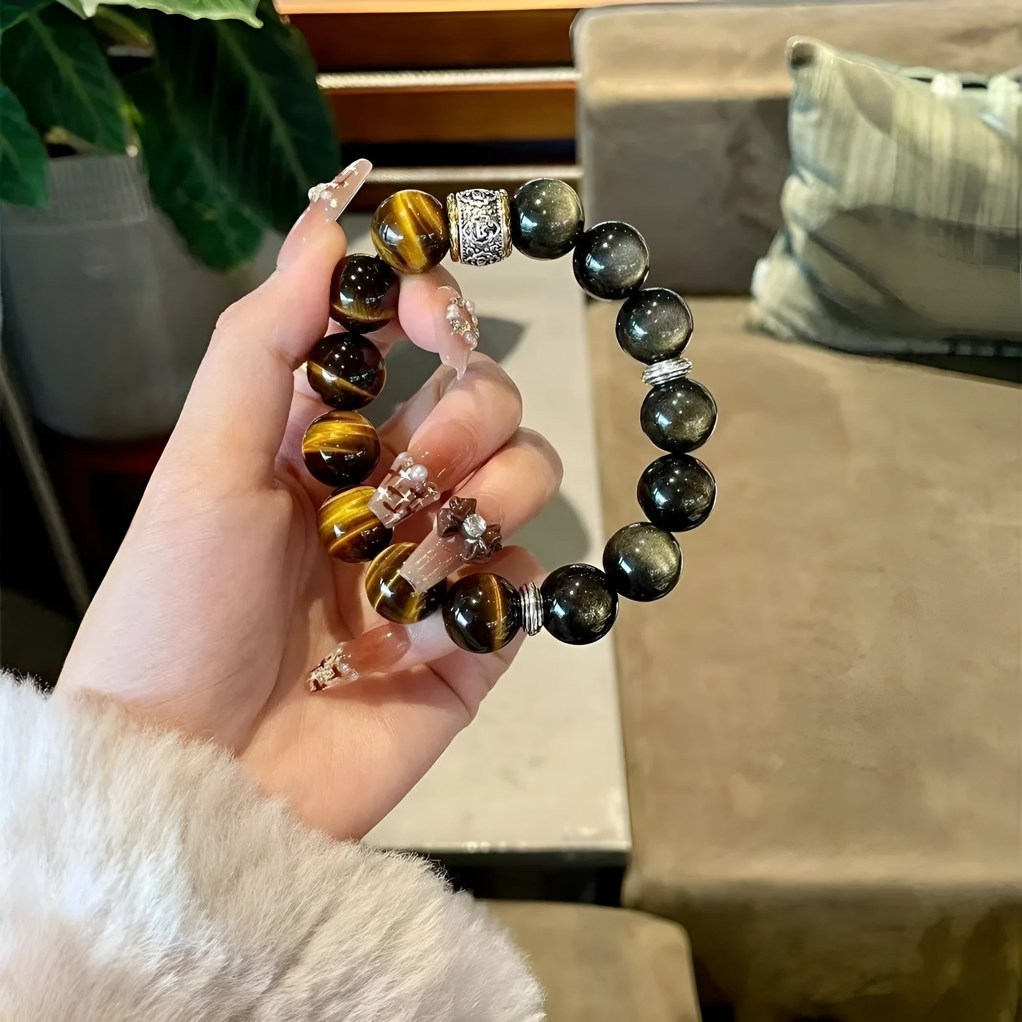 Women's tigereye silver stone double bracelet with gold inlay and U-shaped design