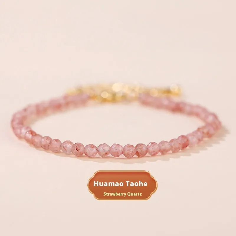 Natural strawberry quartz bracelet with 3mm polished diamond-cut beads on an adjustable cord