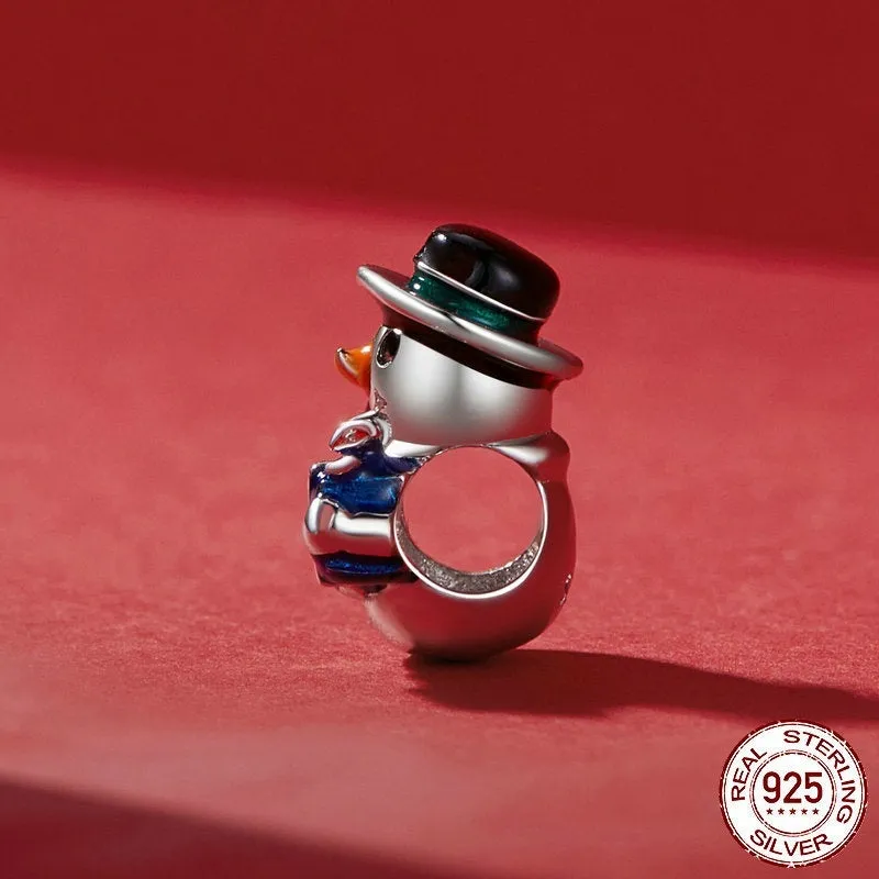 Single S925 sterling silver snowman bead with dripping oil finish, 13x12mm size