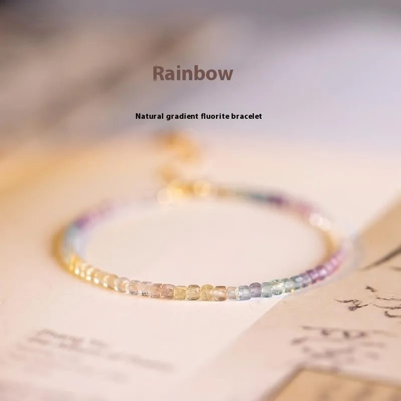 Handmade women's rainbow fluorite bracelet with copper and geometric quadrilateral shape