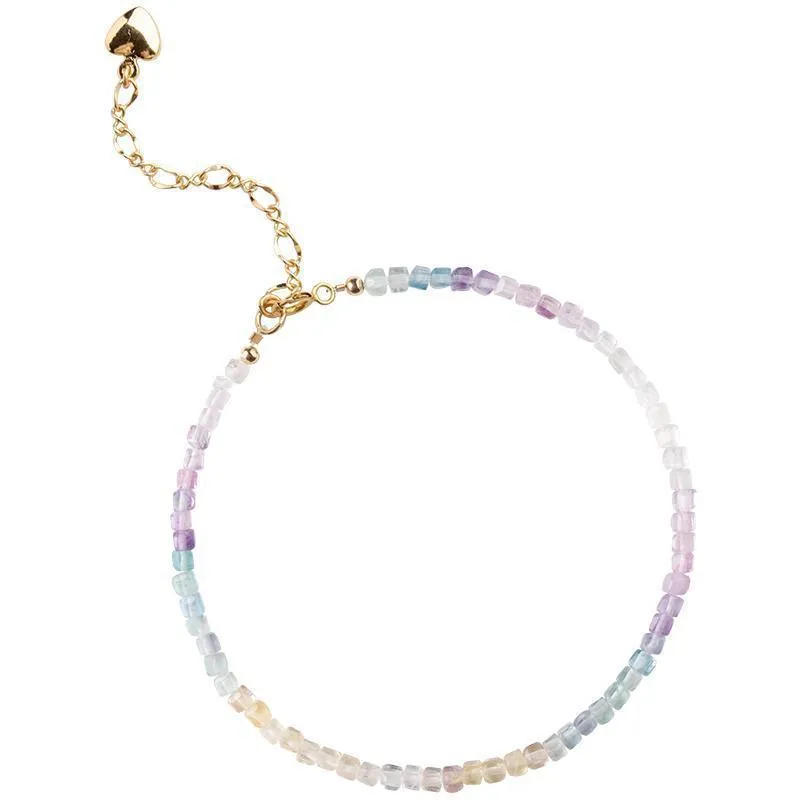 Handmade women's rainbow fluorite bracelet with copper and geometric quadrilateral shape