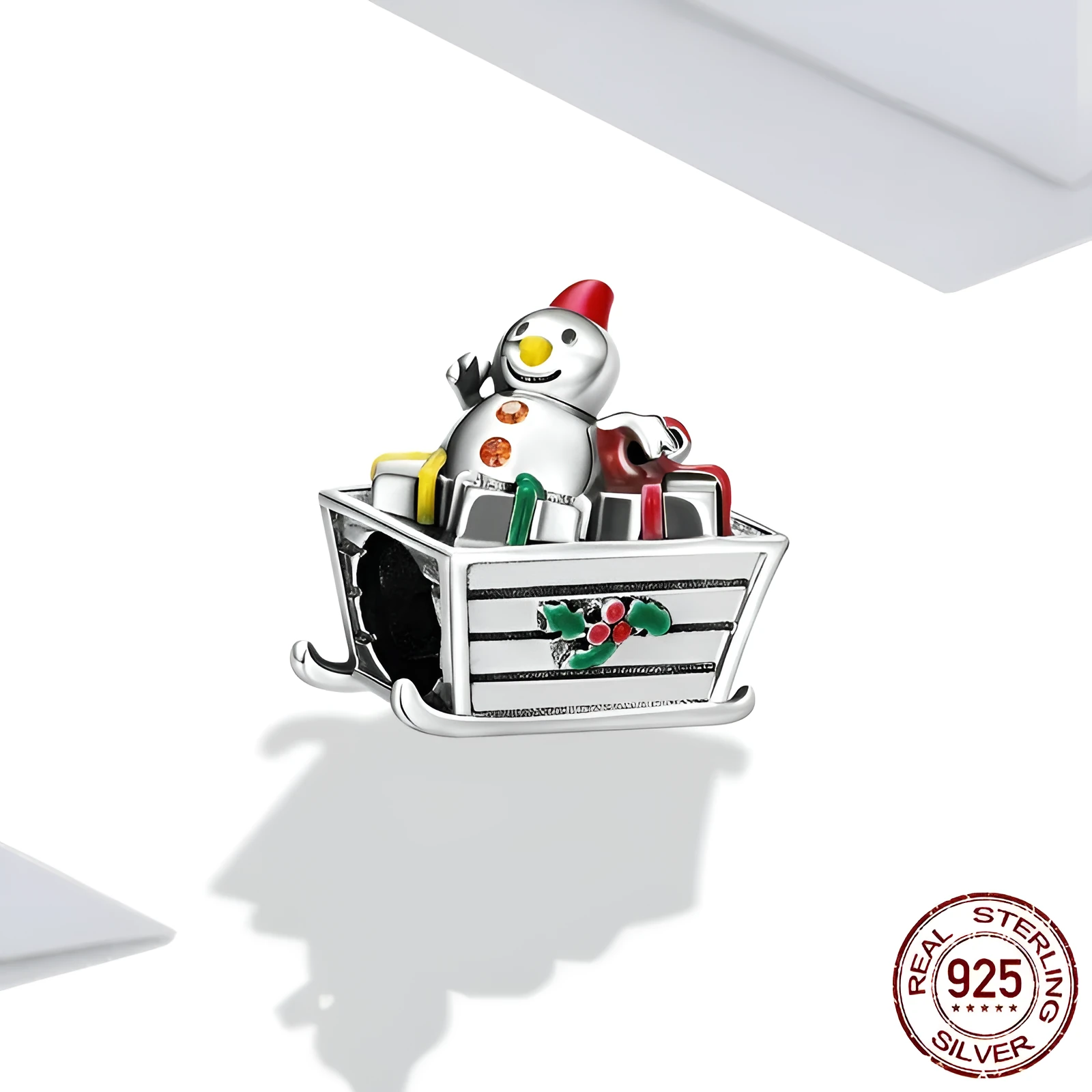 Christmas snowman car S925 sterling silver bead with glossy drip oil finish on white background