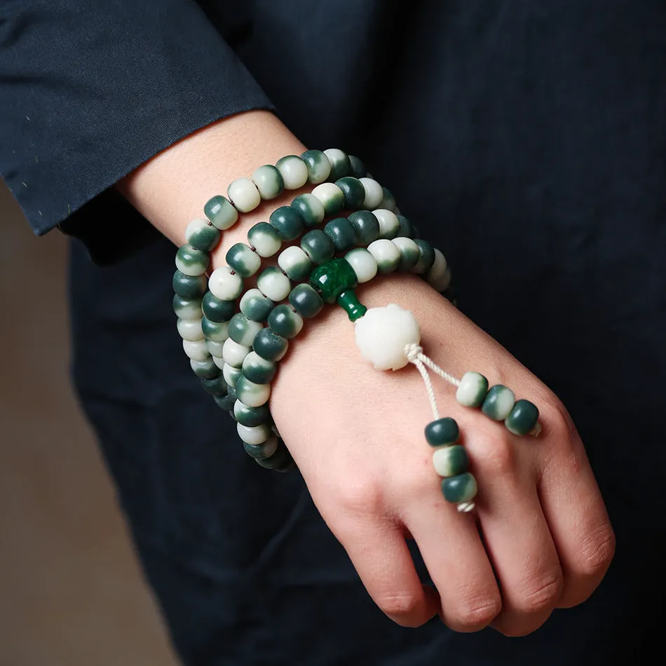 Lotus white jade Bodhi beads bracelet with floating flowers landscape pattern in ethnic style