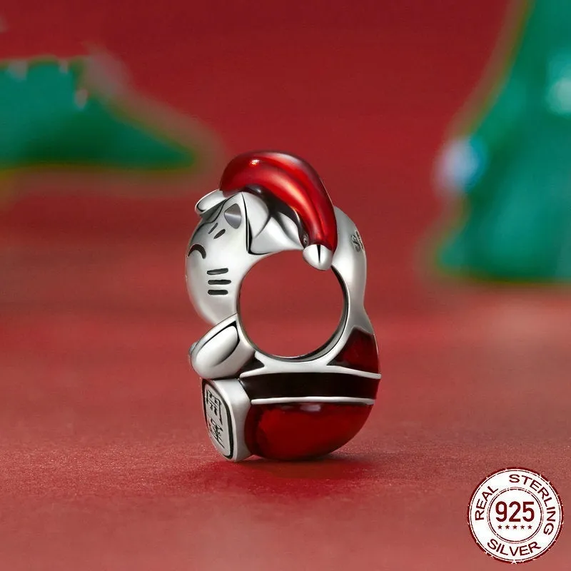 S925 silver lucky cat bead with dripping oil colour finish 1.35x0.9cm
