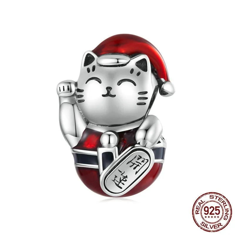 S925 silver lucky cat bead with dripping oil colour finish 1.35x0.9cm