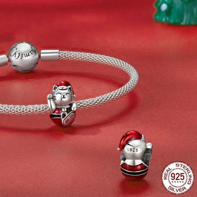 S925 silver lucky cat bead with dripping oil colour finish 1.35x0.9cm