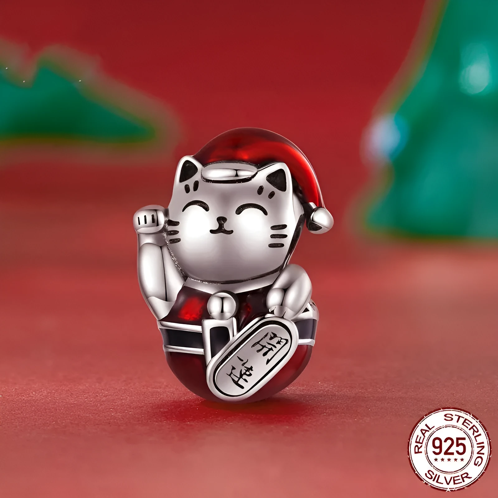 S925 silver lucky cat bead with dripping oil colour finish 1.35x0.9cm