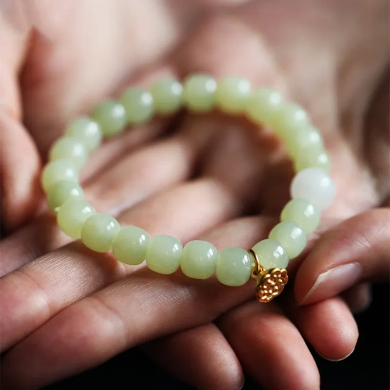 Green Hetian Jade bracelet with vintage beads, ethnic style adjustable jewellery for women