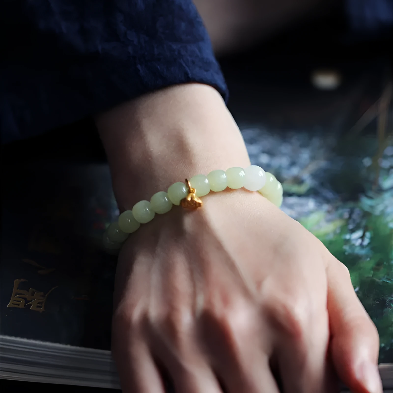 Green Hetian Jade bracelet with vintage beads, ethnic style adjustable jewellery for women