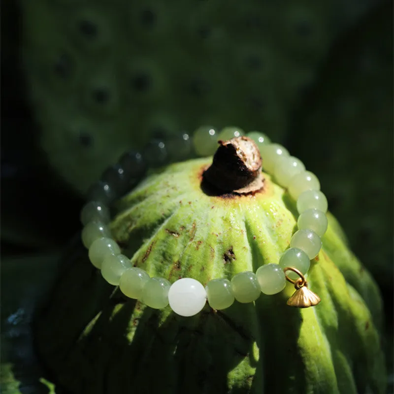 Green Hetian Jade bracelet with vintage beads, ethnic style adjustable jewellery for women