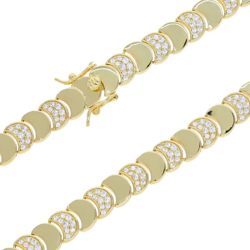 Women's gold moon zircon pendant necklace and bracelet set on chain, 41cm and 17cm
