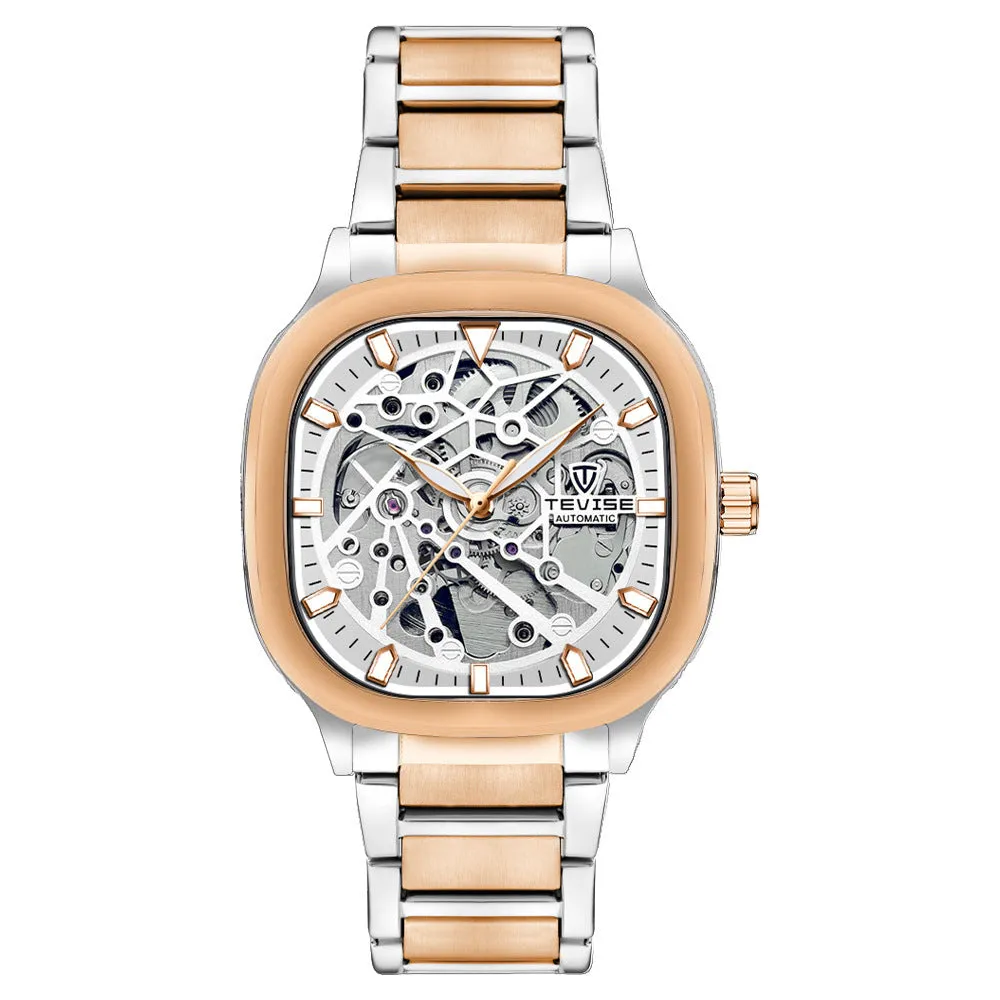 Men's square dial automatic watch with luminous markers on a stainless steel strap.