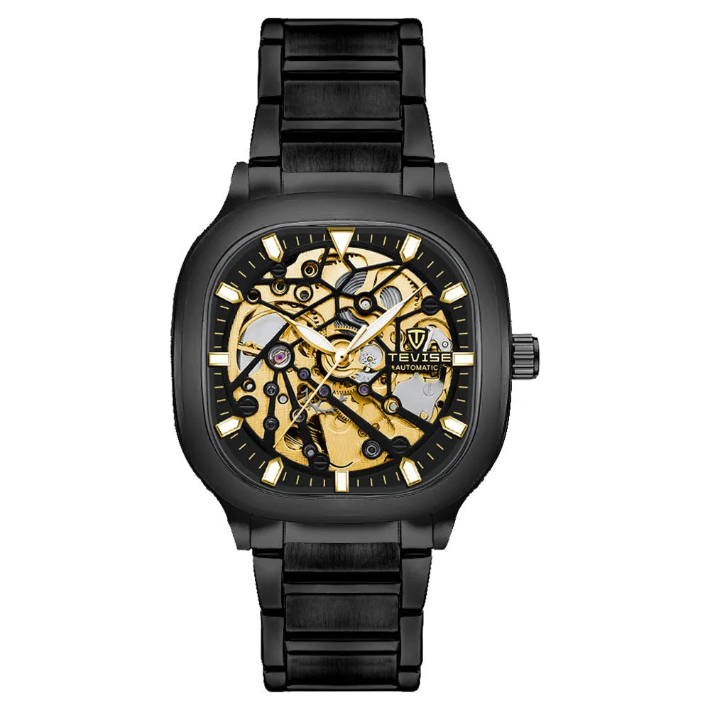 Men's square dial automatic watch with luminous markers on a stainless steel strap.