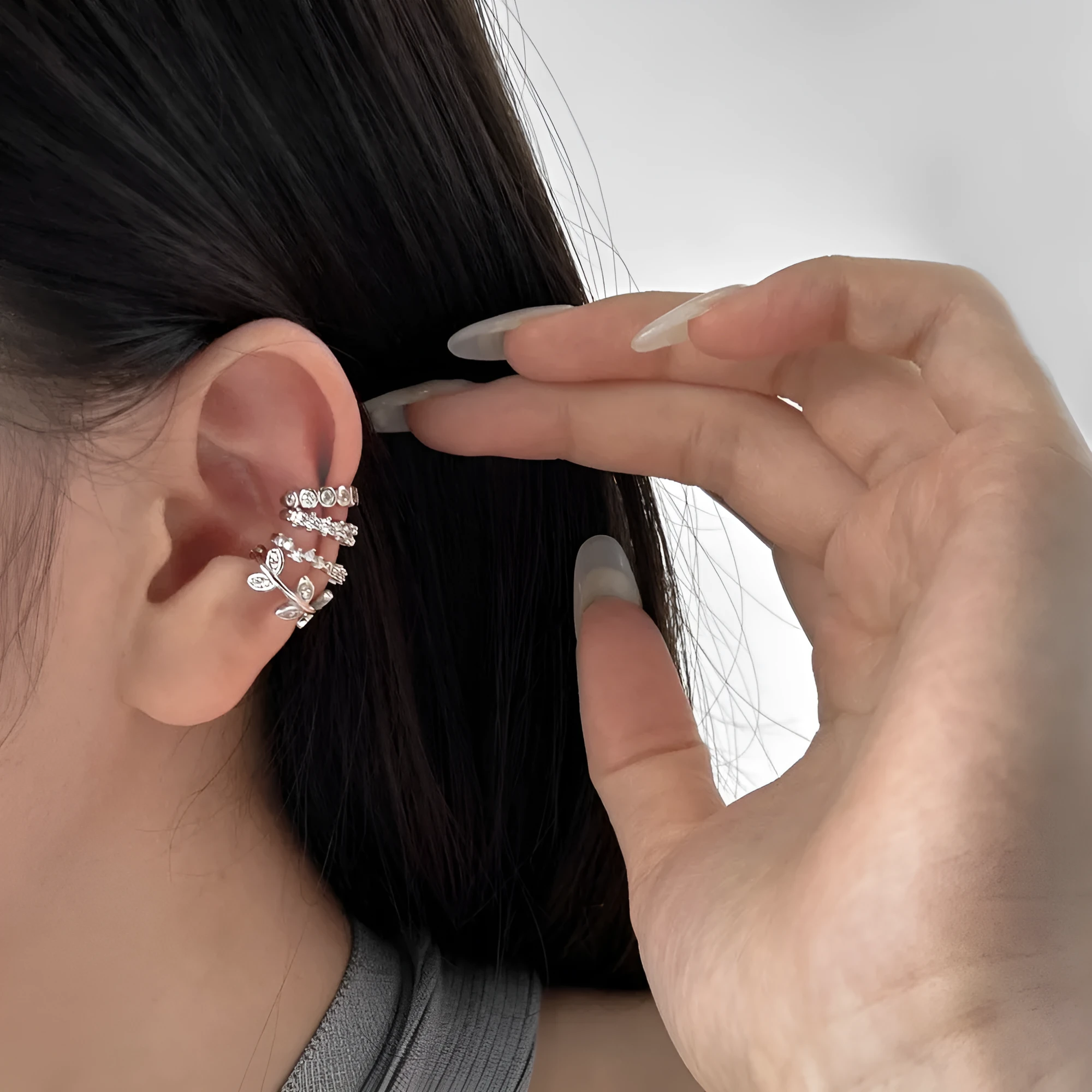 925 silver leaf-shaped ear clip with zircon inlay, golden electroplated finish, clip-on style for women