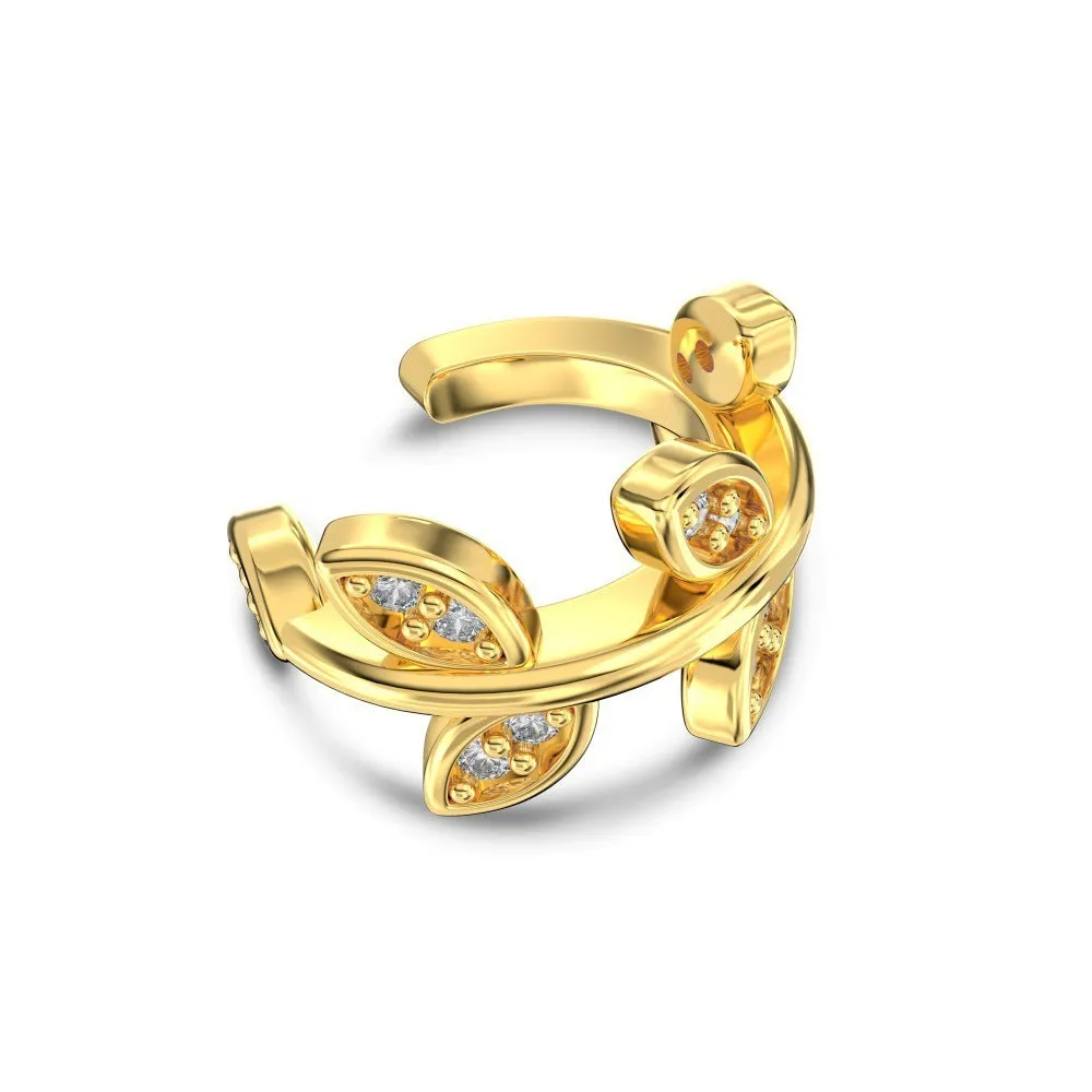 925 silver leaf-shaped ear clip with zircon inlay, golden electroplated finish, clip-on style for women