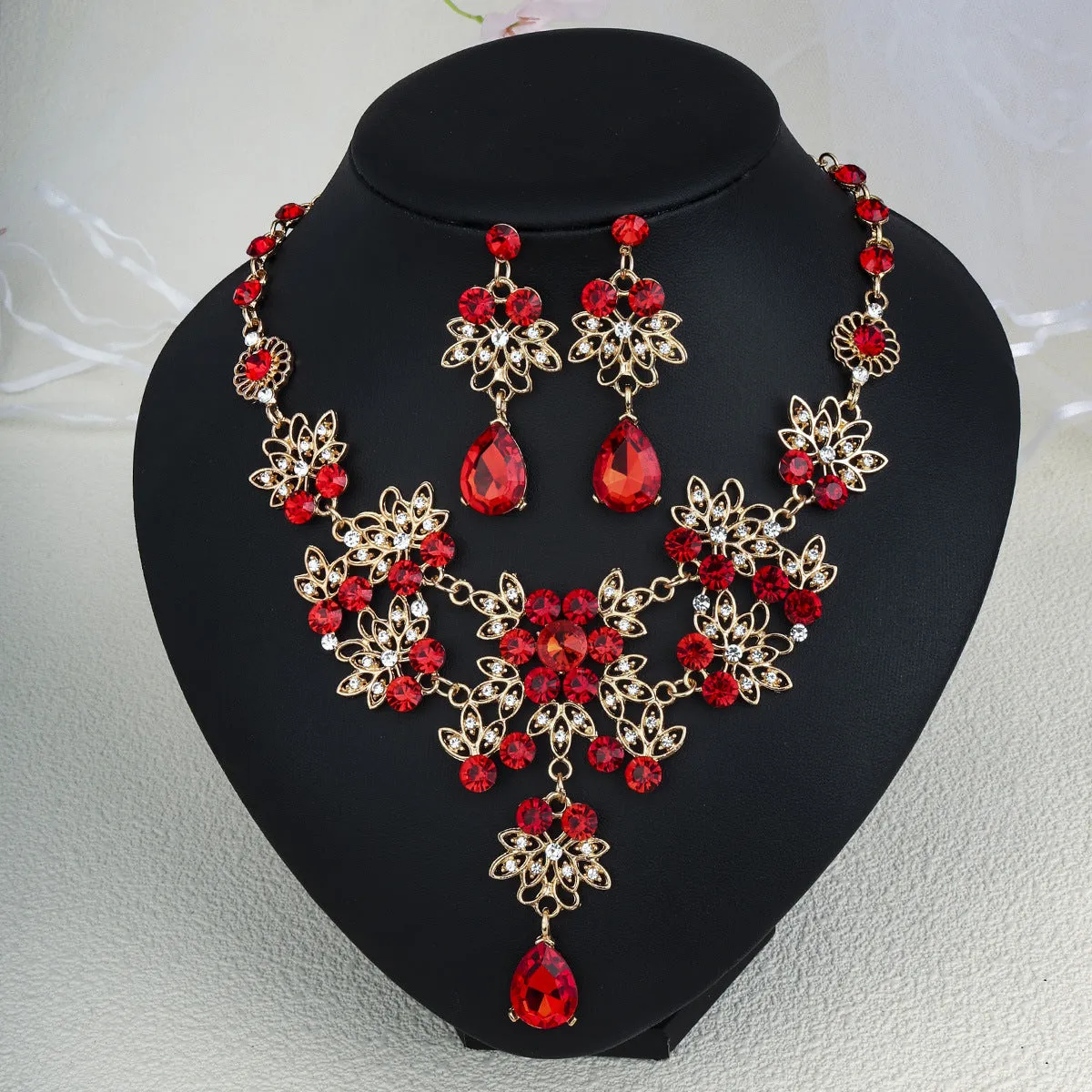 Rhinestone pearl earrings and necklace set for women wedding jewellery in silver gold AB blue green red champagne purple