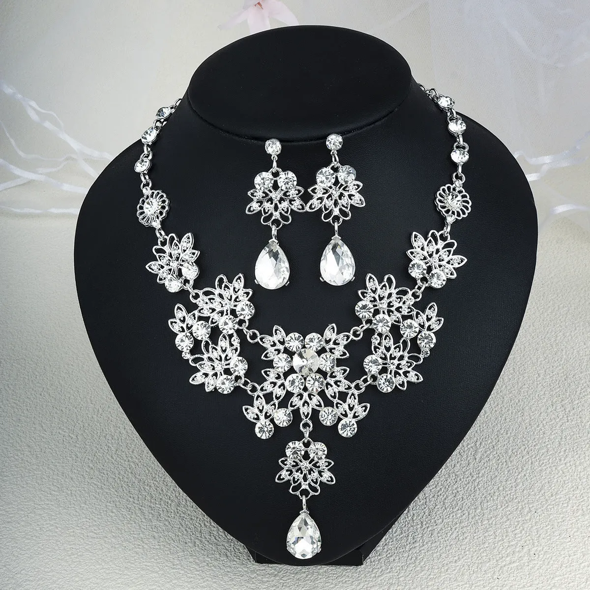 Rhinestone pearl earrings and necklace set for women wedding jewellery in silver gold AB blue green red champagne purple