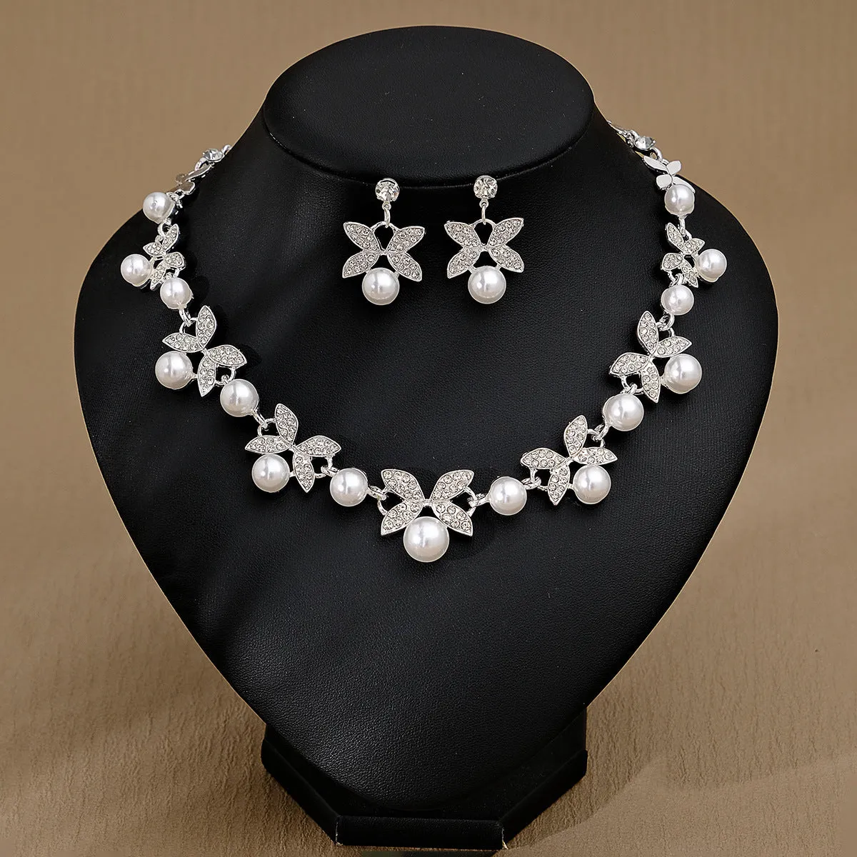 Rhinestone pearl earrings and necklace set for women wedding jewellery in silver gold AB blue green red champagne purple