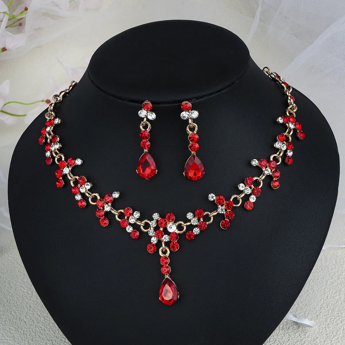 Rhinestone pearl earrings and necklace set for women wedding jewellery in silver gold AB blue green red champagne purple