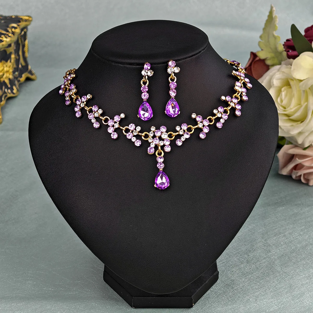 Rhinestone pearl earrings and necklace set for women wedding jewellery in silver gold AB blue green red champagne purple