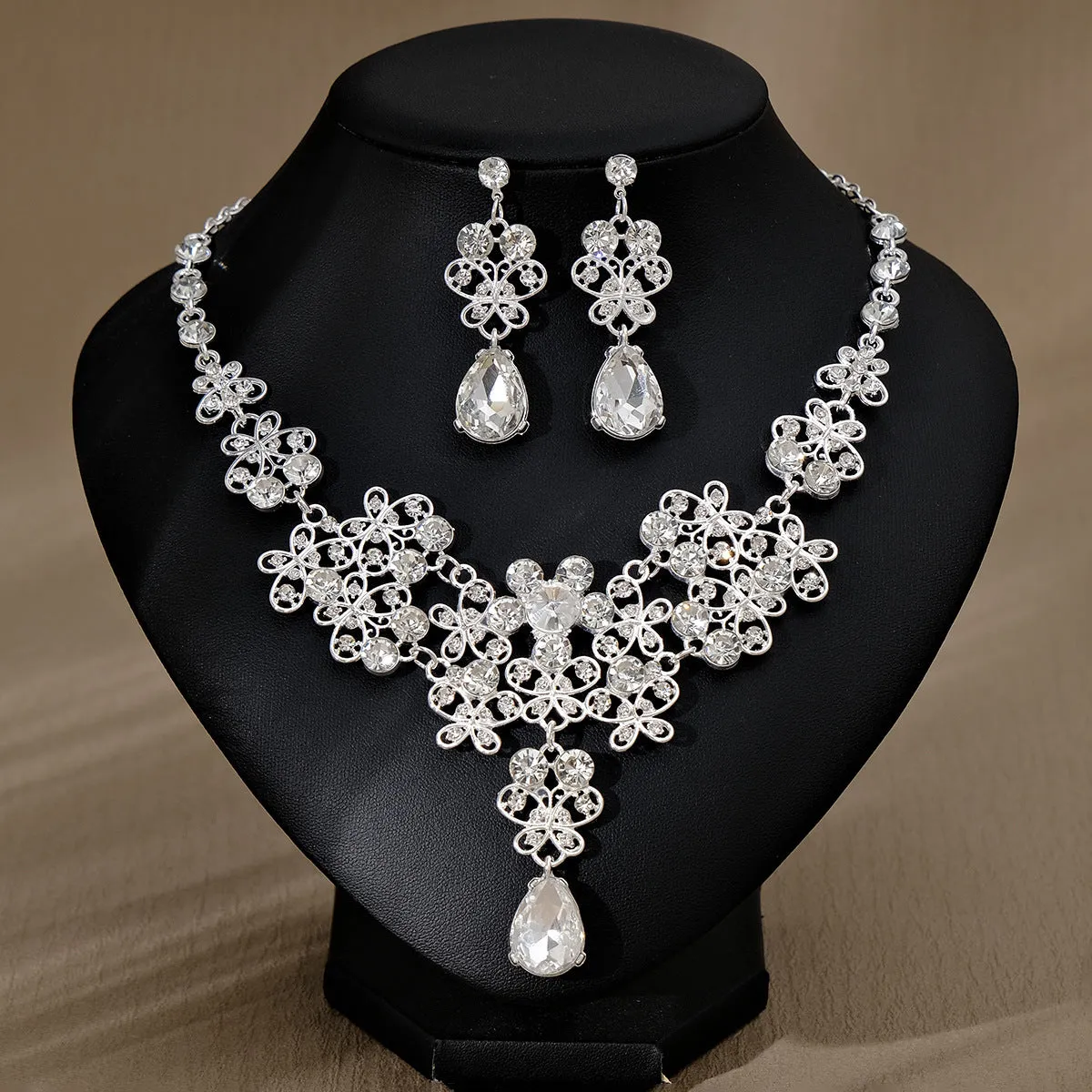 Rhinestone pearl earrings and necklace set for women wedding jewellery in silver gold AB blue green red champagne purple