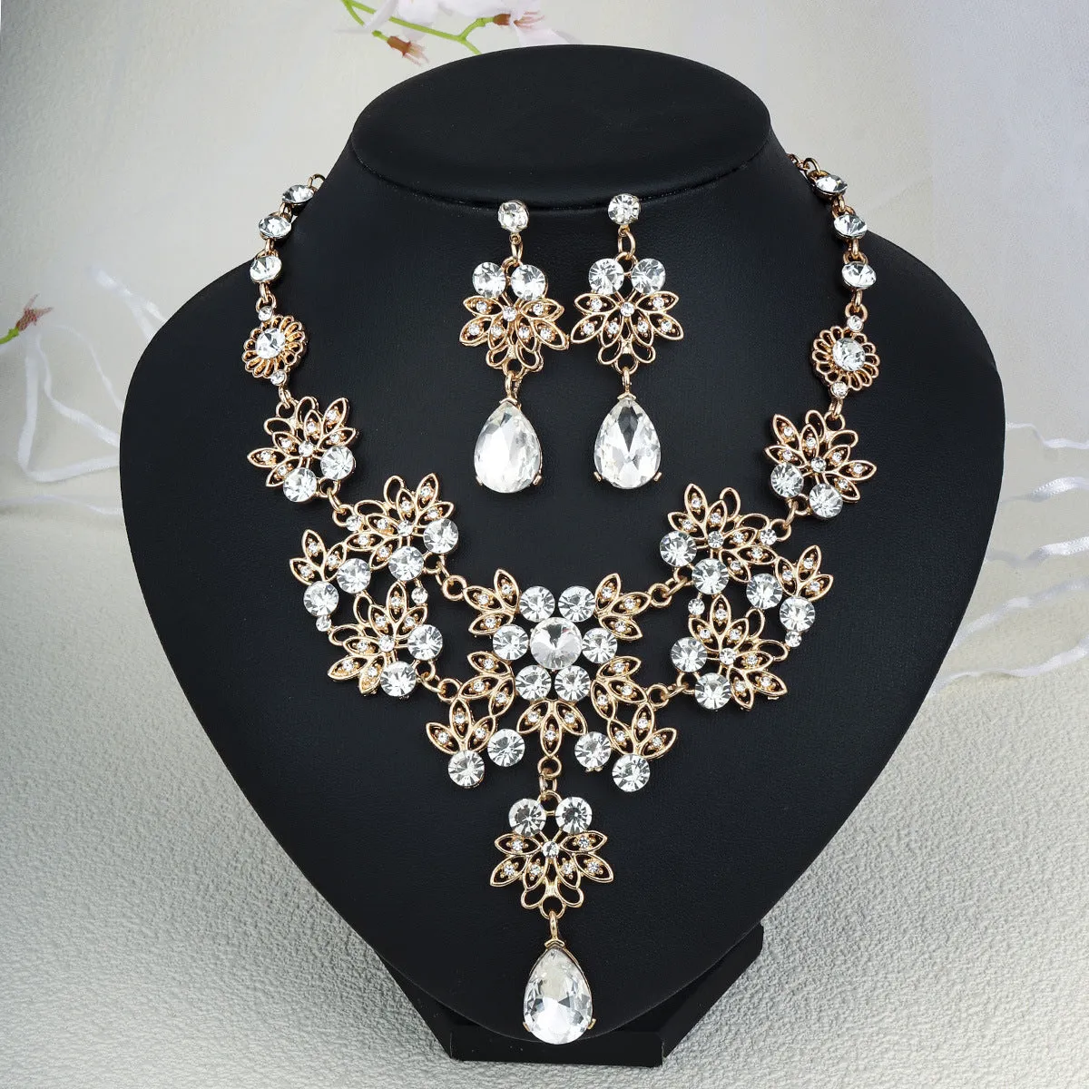 Rhinestone pearl earrings and necklace set for women wedding jewellery in silver gold AB blue green red champagne purple