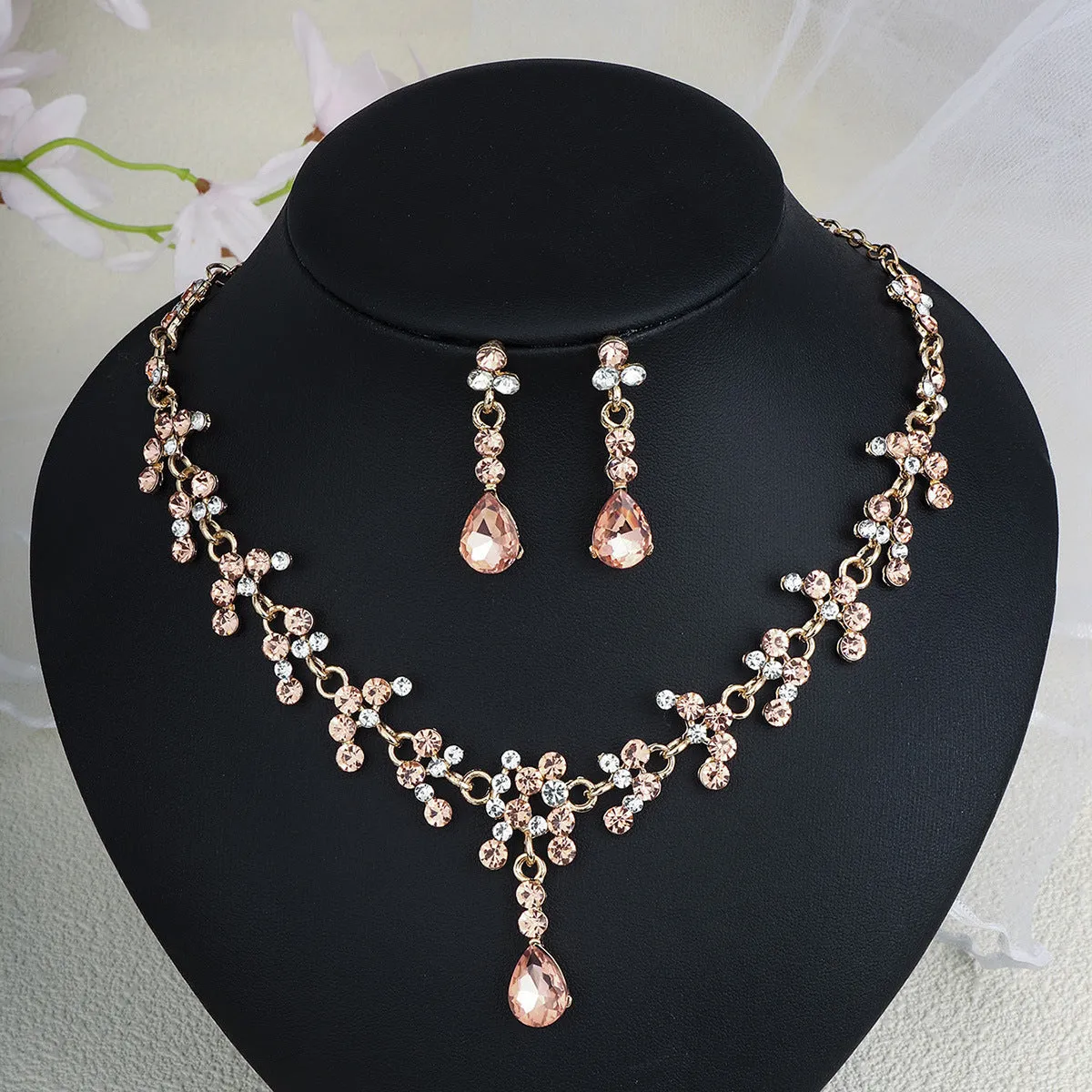 Rhinestone pearl earrings and necklace set for women wedding jewellery in silver gold AB blue green red champagne purple