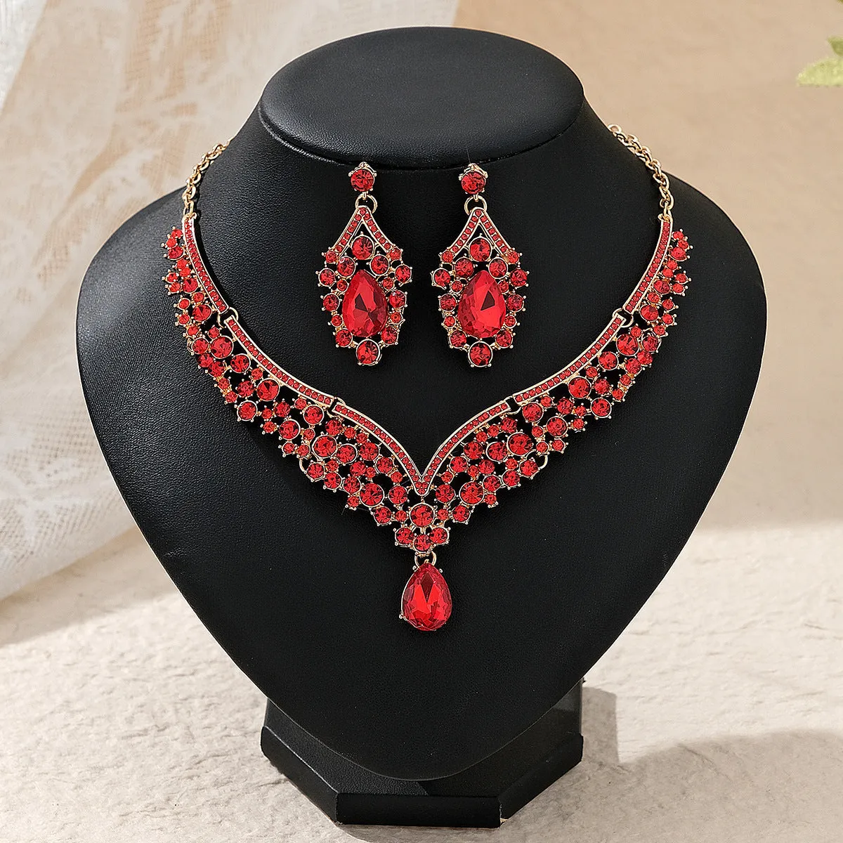 Rhinestone pearl earrings and necklace set for women wedding jewellery in silver gold AB blue green red champagne purple