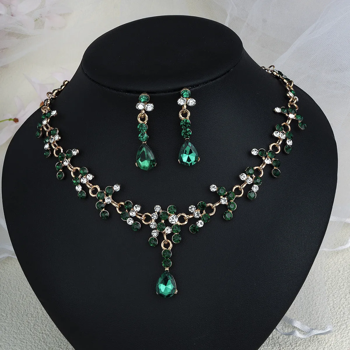 Rhinestone pearl earrings and necklace set for women wedding jewellery in silver gold AB blue green red champagne purple