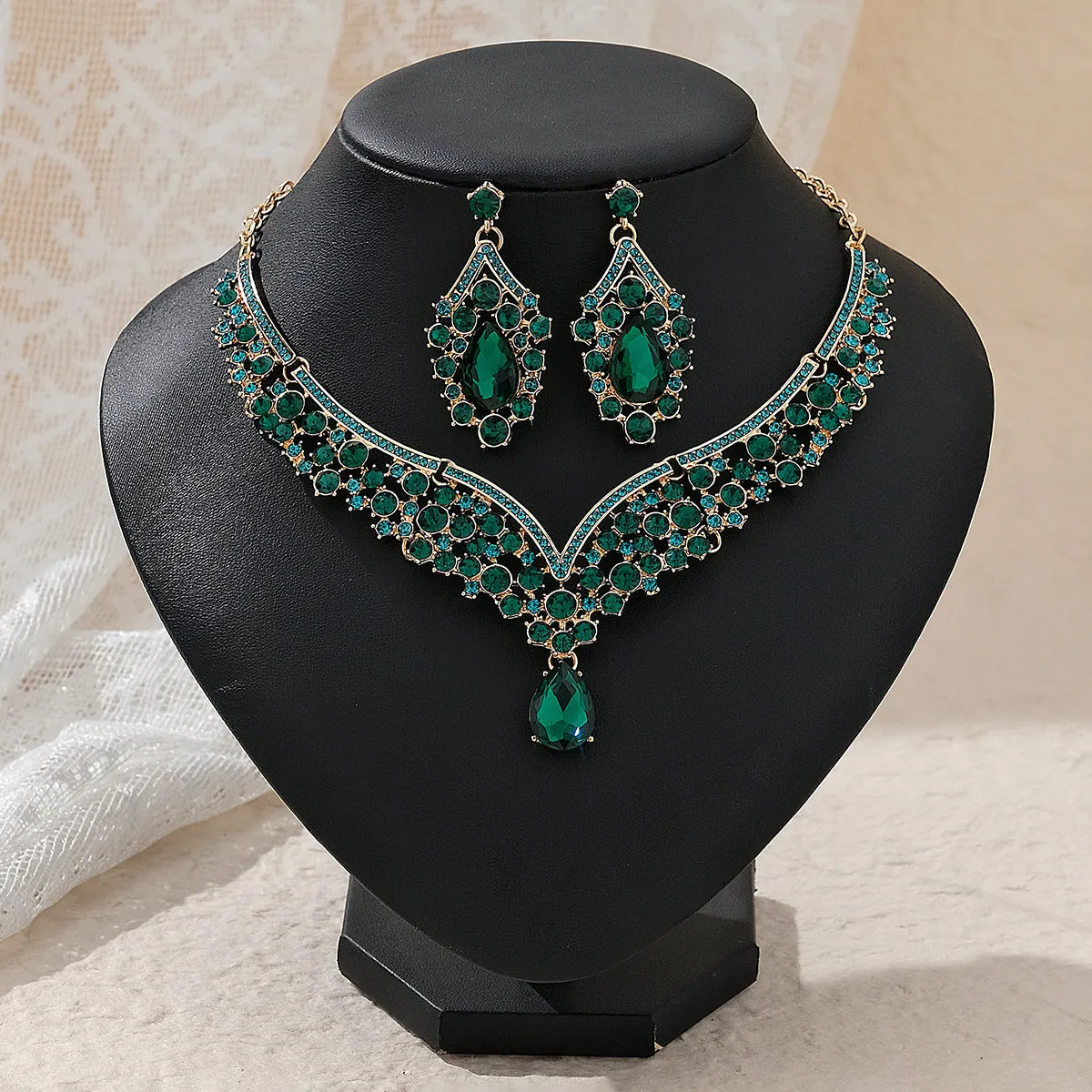 Rhinestone pearl earrings and necklace set for women wedding jewellery in silver gold AB blue green red champagne purple