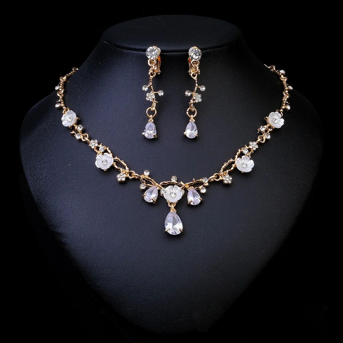 Rhinestone pearl earrings and necklace set for women wedding jewellery in silver gold AB blue green red champagne purple