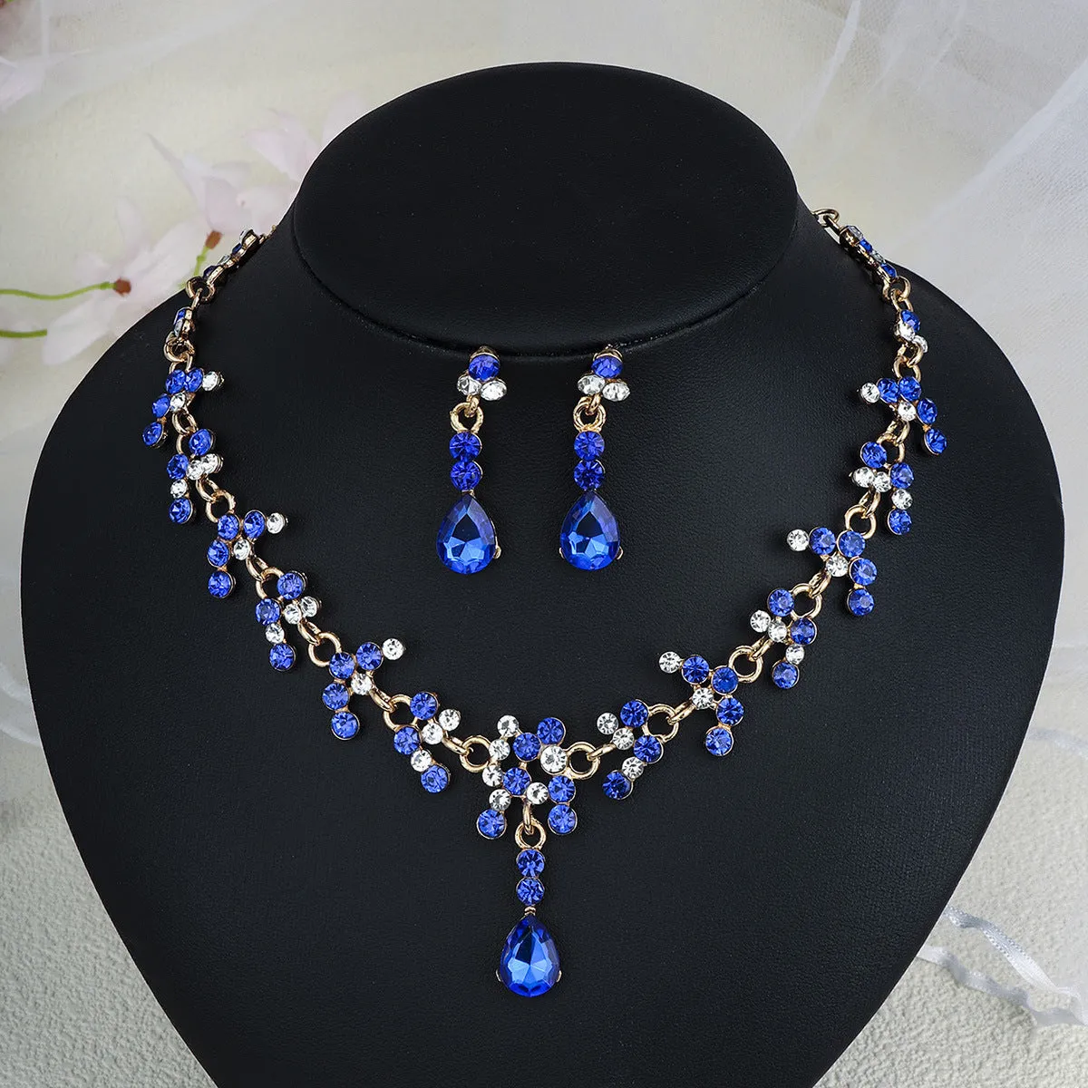 Rhinestone pearl earrings and necklace set for women wedding jewellery in silver gold AB blue green red champagne purple