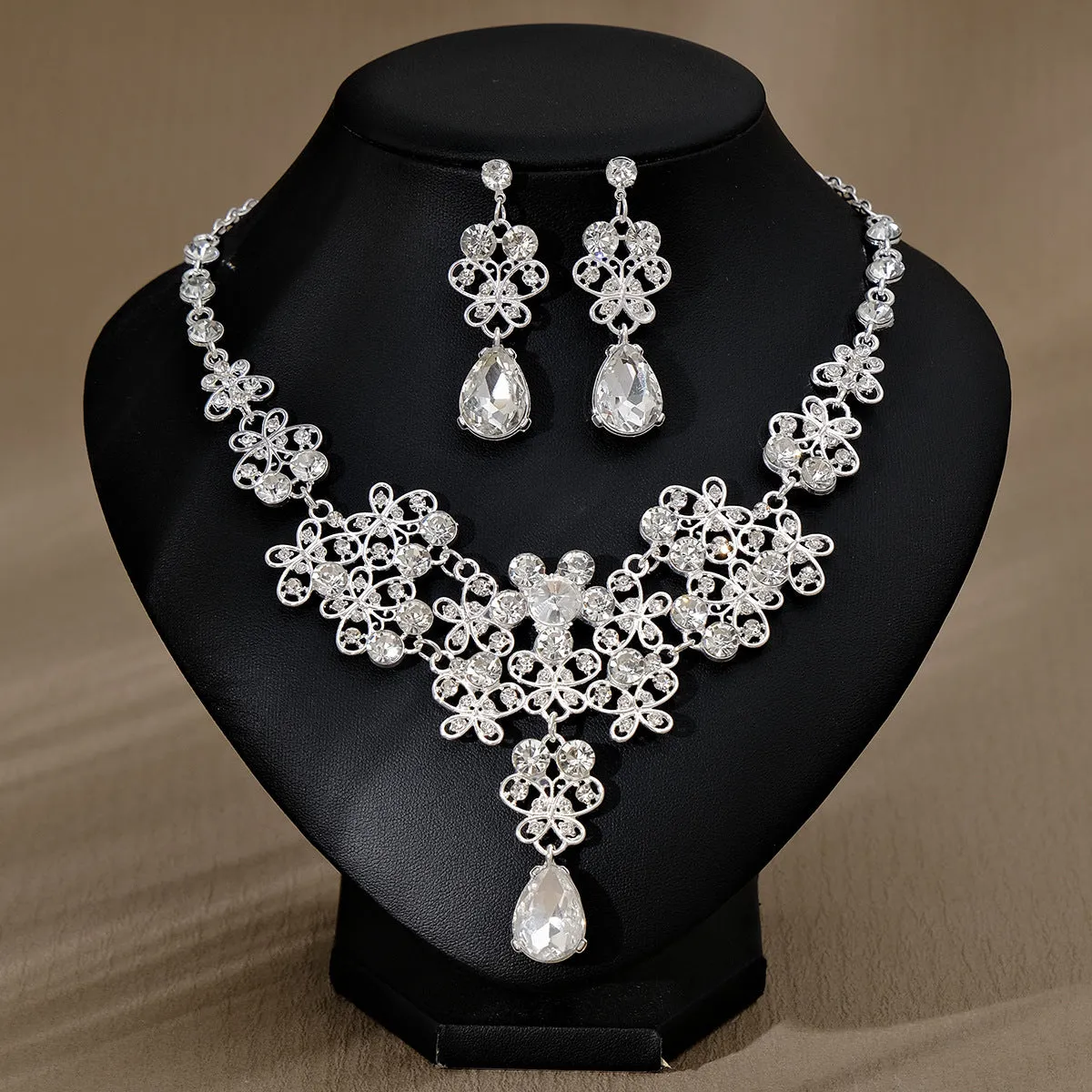 Rhinestone pearl earrings and necklace set for women wedding jewellery in silver gold AB blue green red champagne purple
