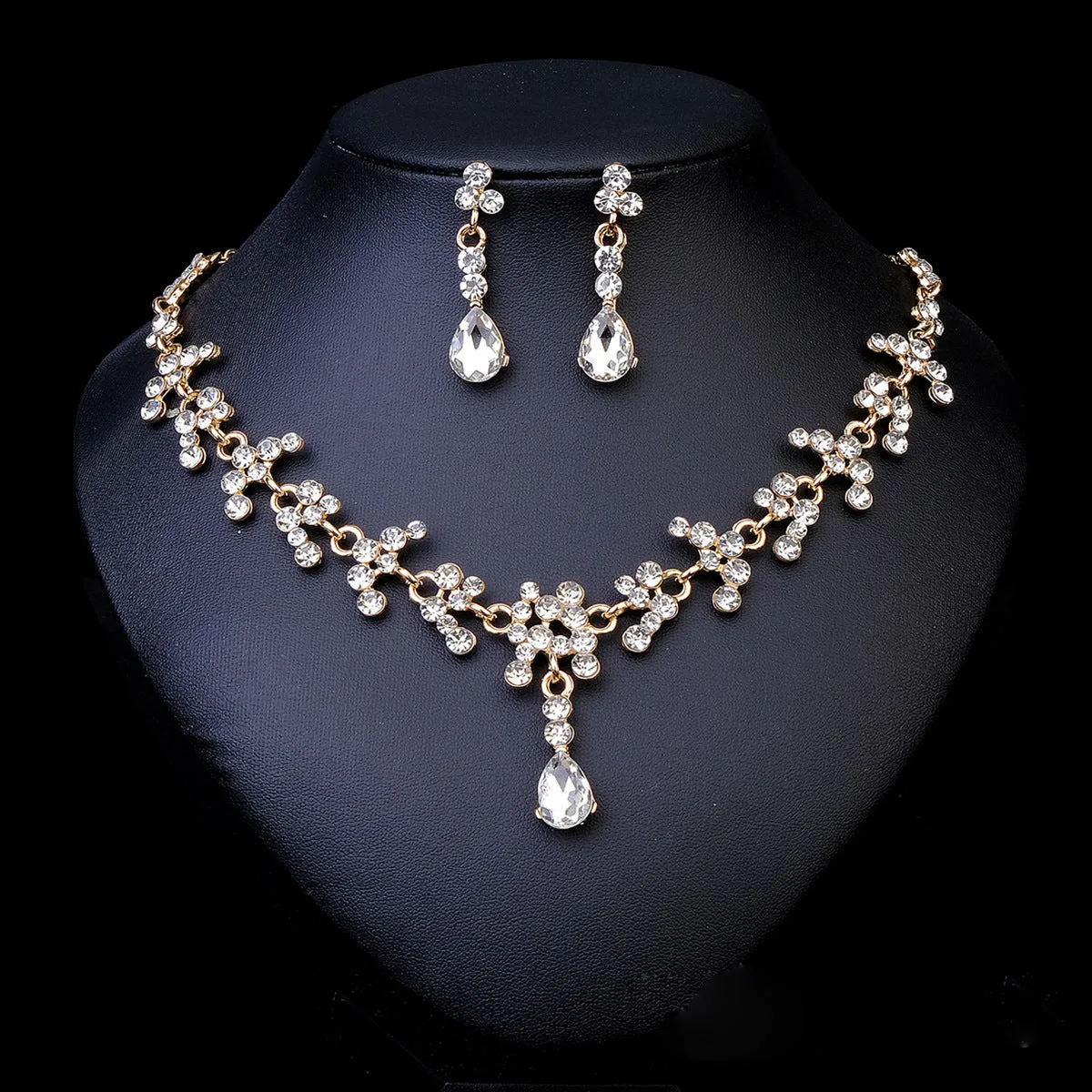Rhinestone pearl earrings and necklace set for women wedding jewellery in silver gold AB blue green red champagne purple