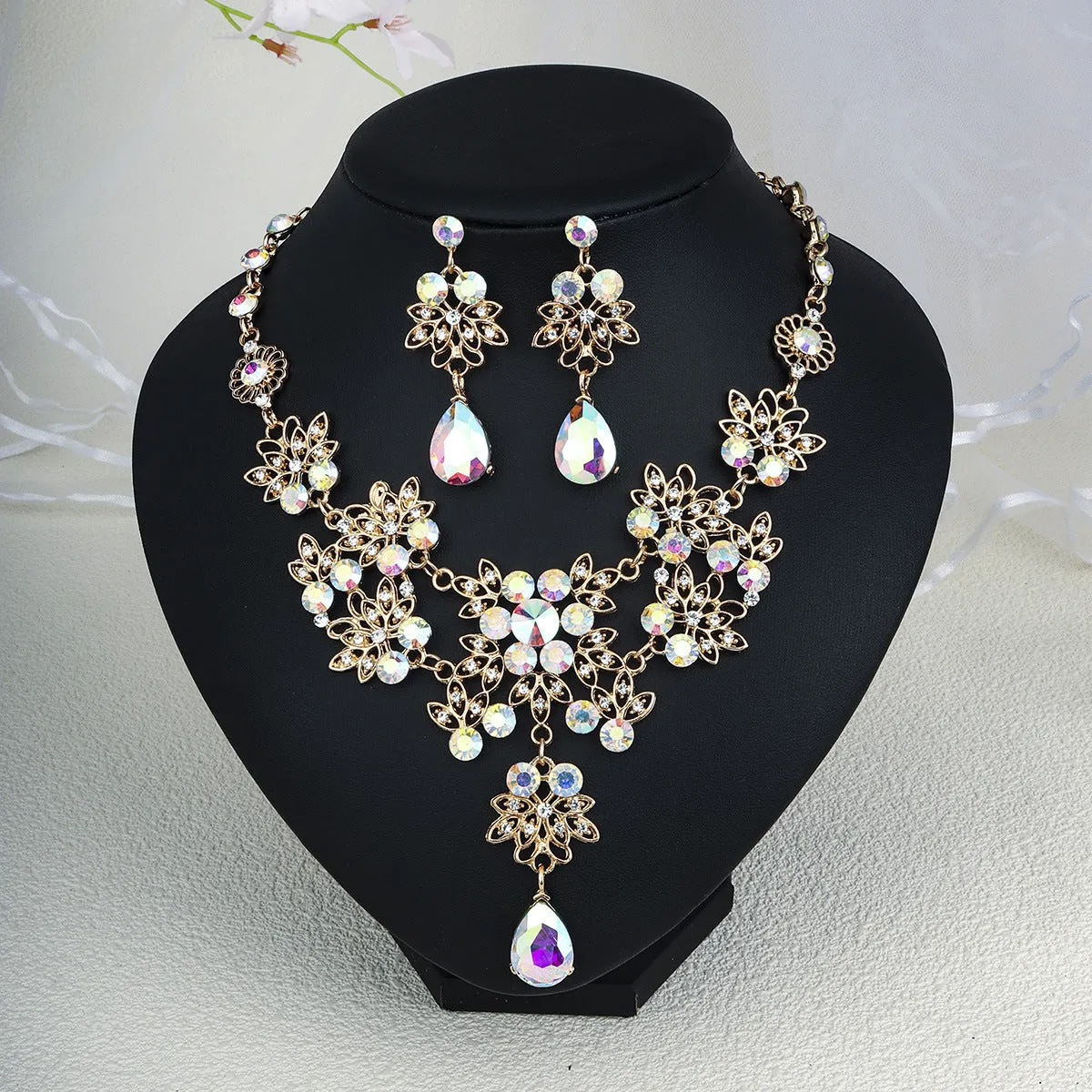 Rhinestone pearl earrings and necklace set for women wedding jewellery in silver gold AB blue green red champagne purple