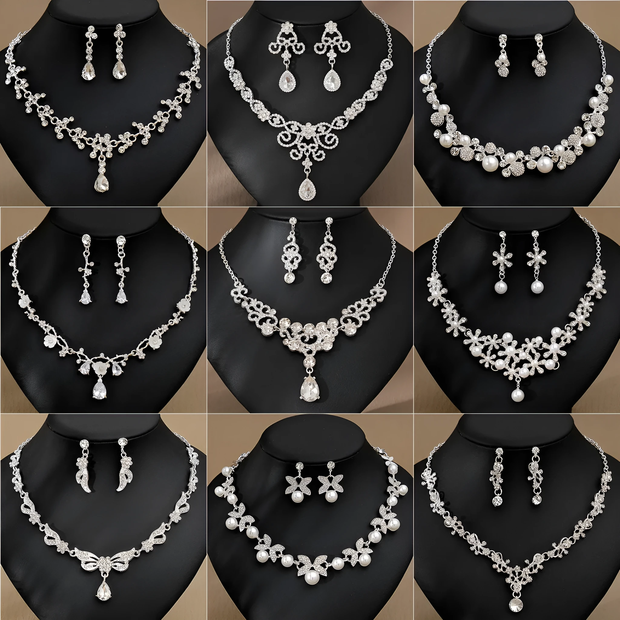 Rhinestone pearl earrings and necklace set for women wedding jewellery in silver gold AB blue green red champagne purple