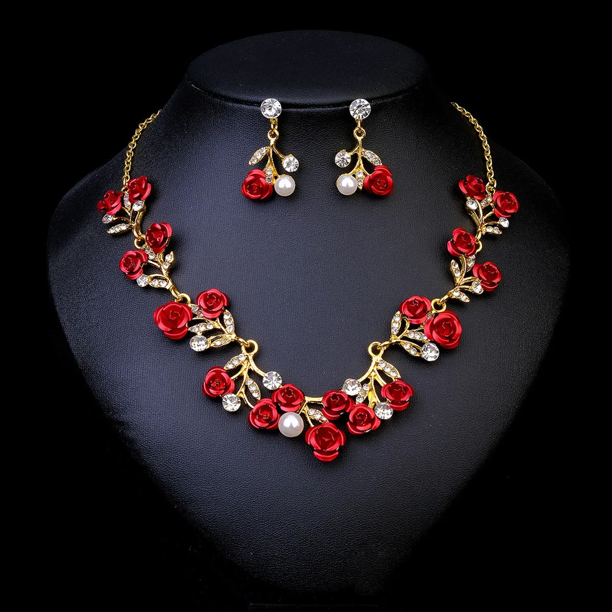 Rhinestone pearl earrings and necklace set for women wedding jewellery in silver gold AB blue green red champagne purple