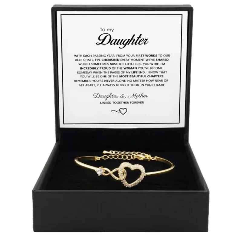 Hollow zircon loving heart opening bracelet for women in gold finish with card flip box